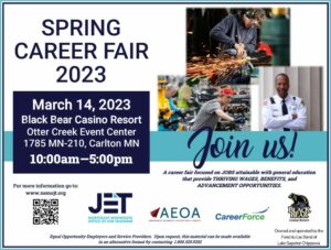 Spring Career Fair 2023 at Black Bear Casino Resort in Carlton, MN, job seeker flyer.