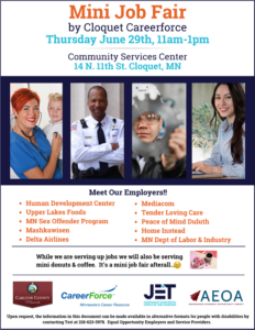 Mini Job Fair flyer for Thursday June 29 in Cloquet MN