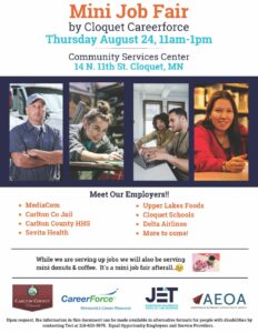 Mini Job Fair by Cloquet CareerForce Thursday, August 24, 11-1 flyer