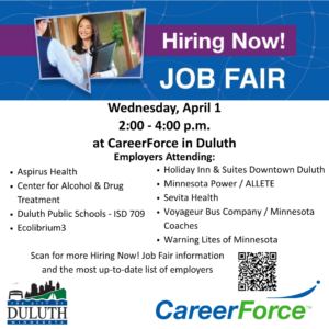 Duluth CareerForce Hiring Now Job Fair flyer for April 1, 2026