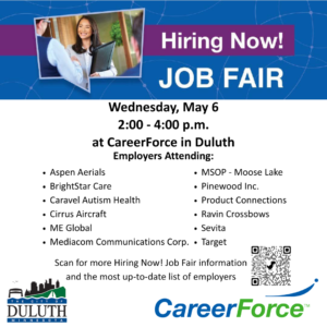 Duluth CareerForce Hiring Now Job Fair flyer for May 6