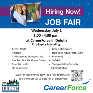 Hiring Now Job Fair flyer for July 1 at Duluth MN CareerForce